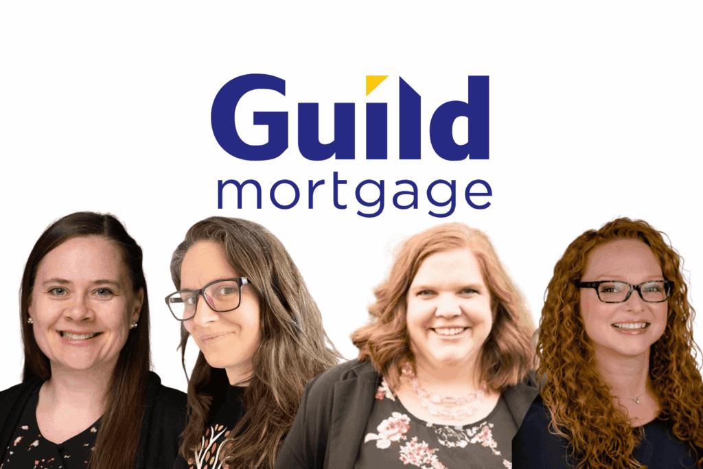 Four women are standing in front of a white background with the Guild Mortgage logo displayed above them.
